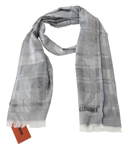 Missoni Grey Floral Wool Unisex Neck Wrap Fringes Scarf