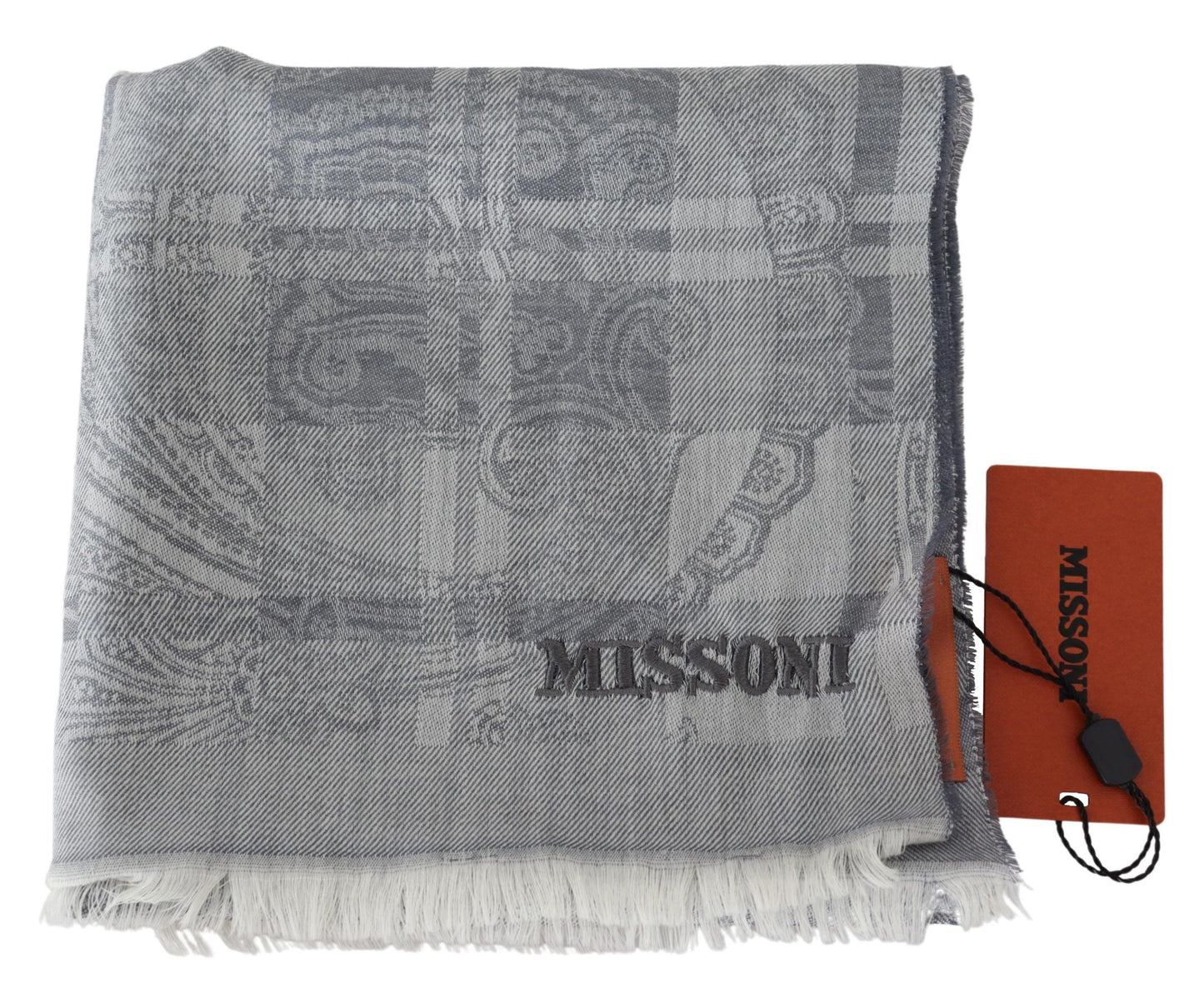 Missoni Grey Floral Wool Unisex Neck Wrap Fringes Scarf