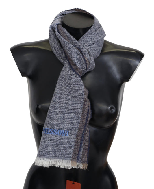 Missoni Grey Striped Wool Unisex Neck Wrap Fringes Scarf