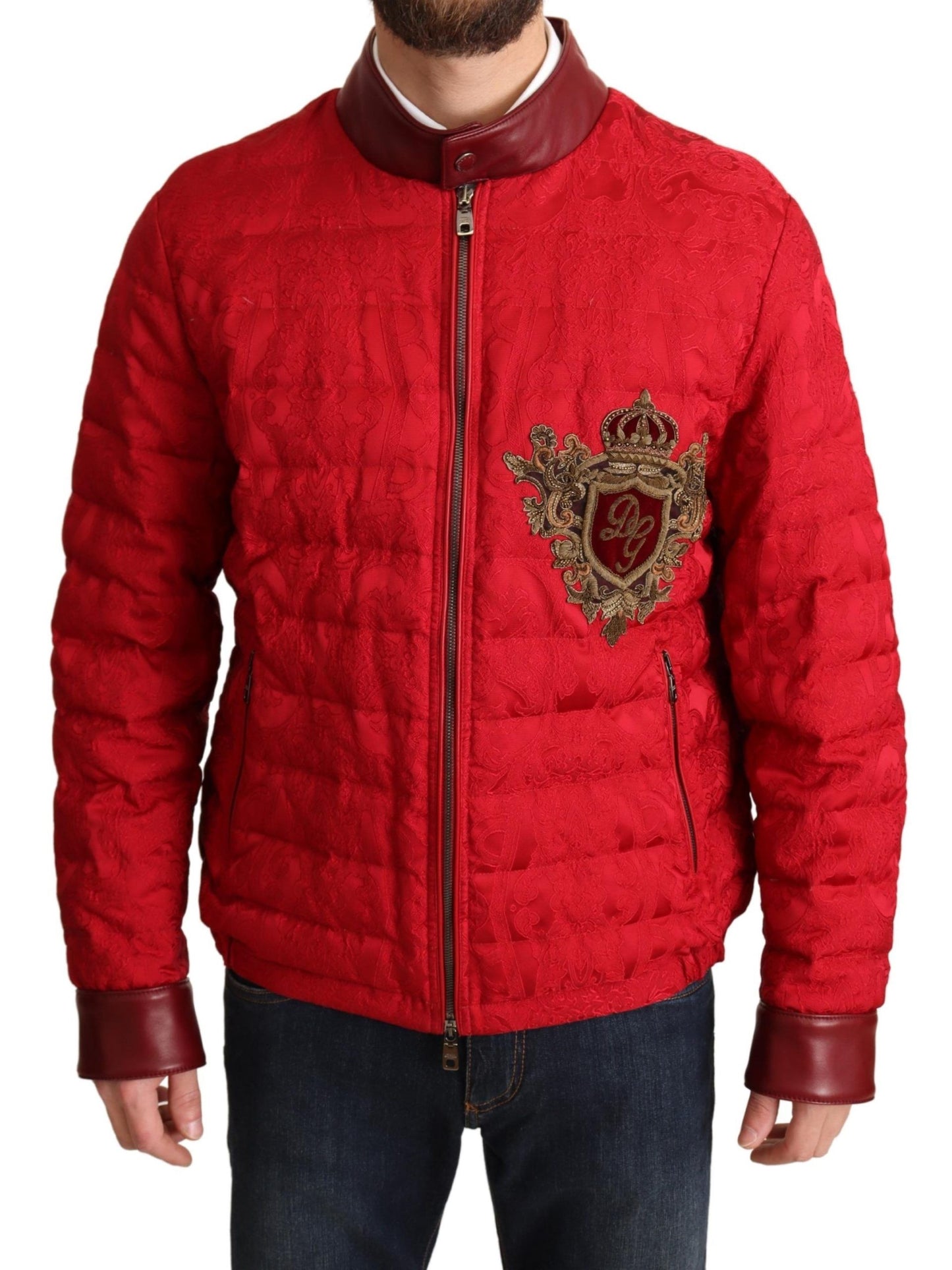 DG Red Brocade Bomber Gold Crown Logo Coat Jacket