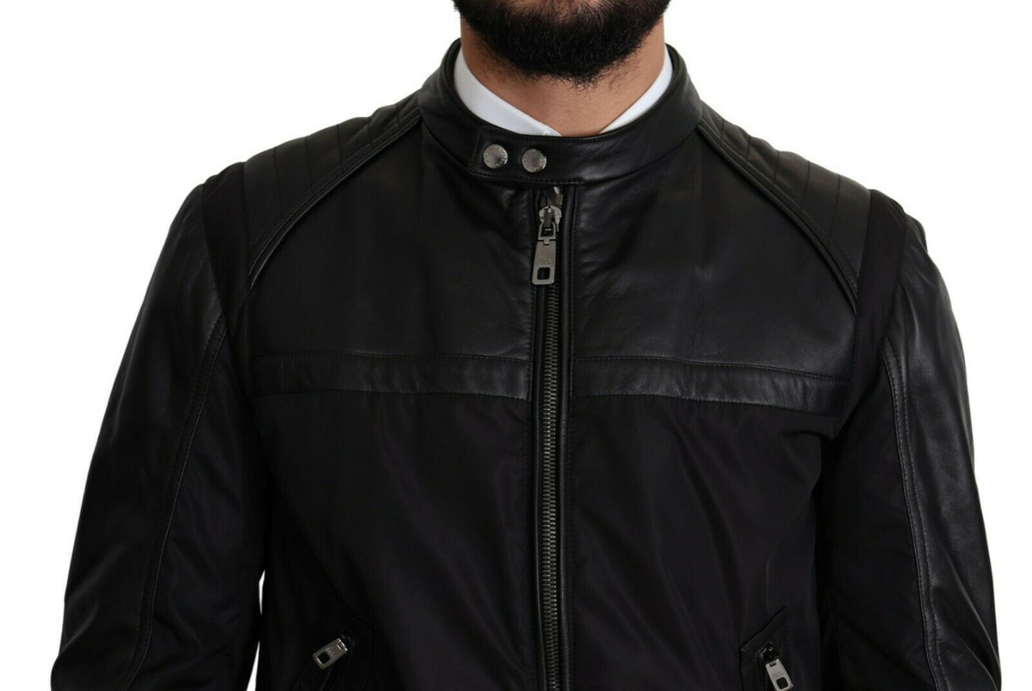 Black Nylon Full Zip Men Bomber Coat Jacket