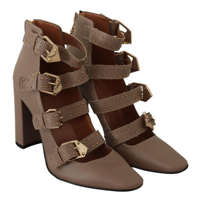 My Twin Brown Leather Block Heels Multi Buckle Pumps Shoes