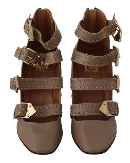 My Twin Brown Leather Block Heels Multi Buckle Pumps Shoes