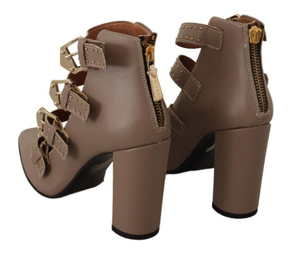 My Twin Brown Leather Block Heels Multi Buckle Pumps Shoes