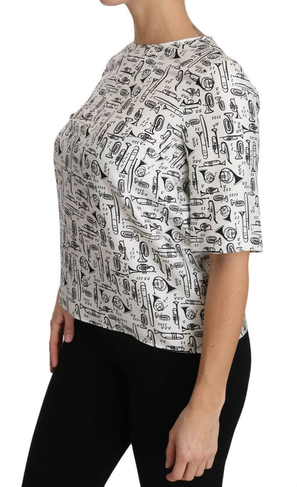 White Musical Instruments Print Blouse