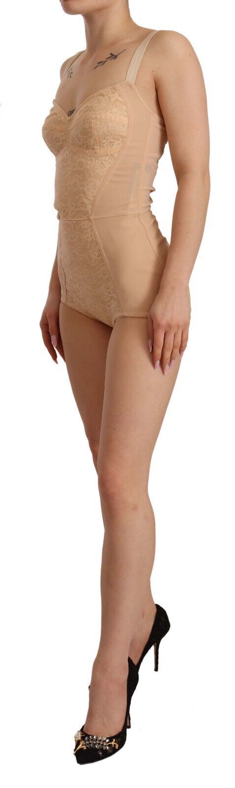 Bodysuit by Dolce & Gabbana for women in lace nylon & elastane beige features a nuanced silhouette, showcasing the nuanced design of the Women's Lace Nylon & Elastane Bodysuit with a nuanced fit.