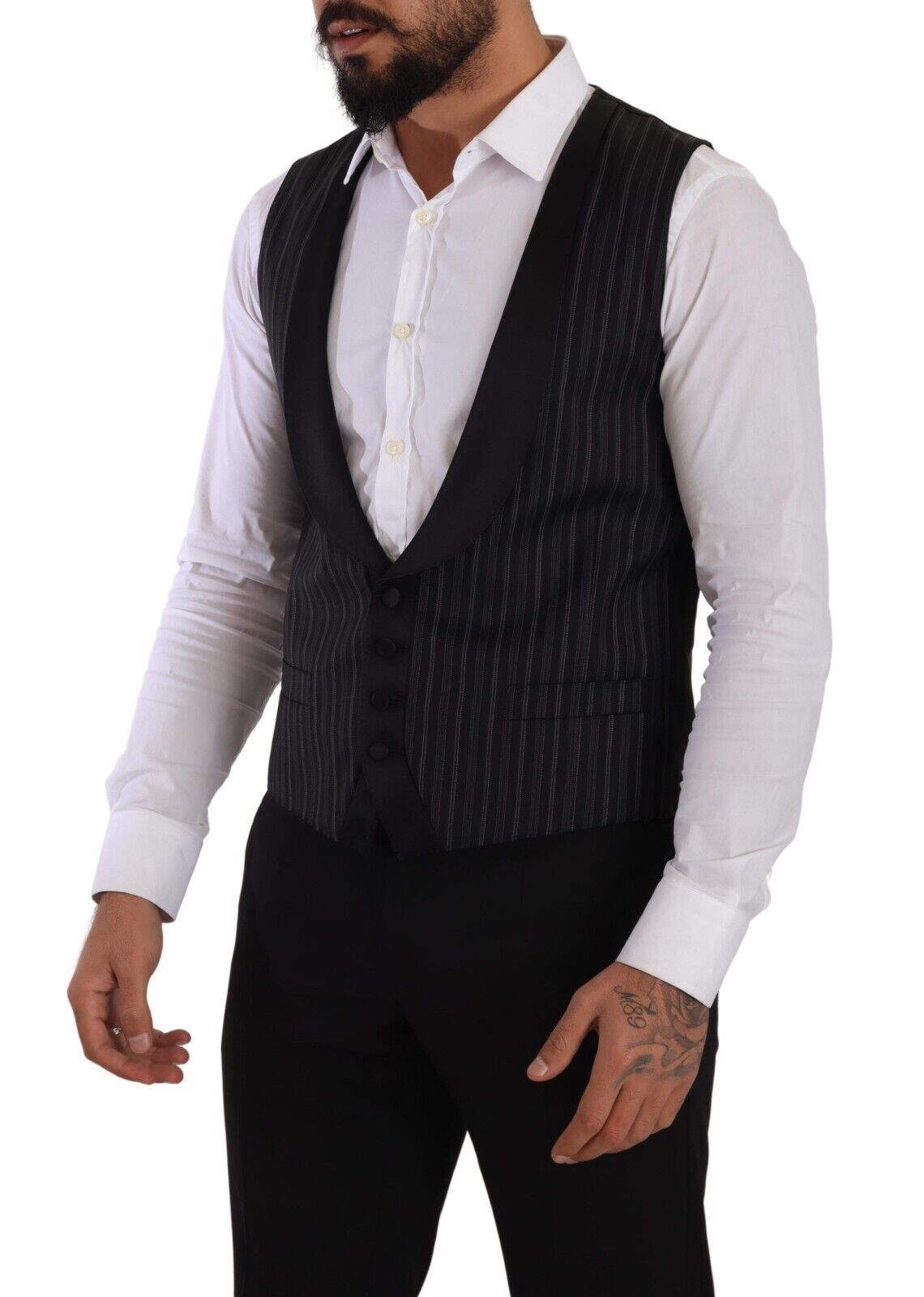 Black Striped Wool Silk Waistcoat Vest