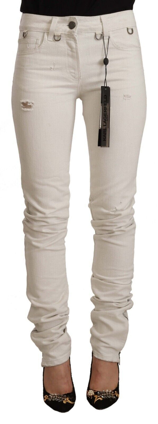 Karl Lagerfeld Women's White Mid Waist Cotton Denim Slim Fit Jeans