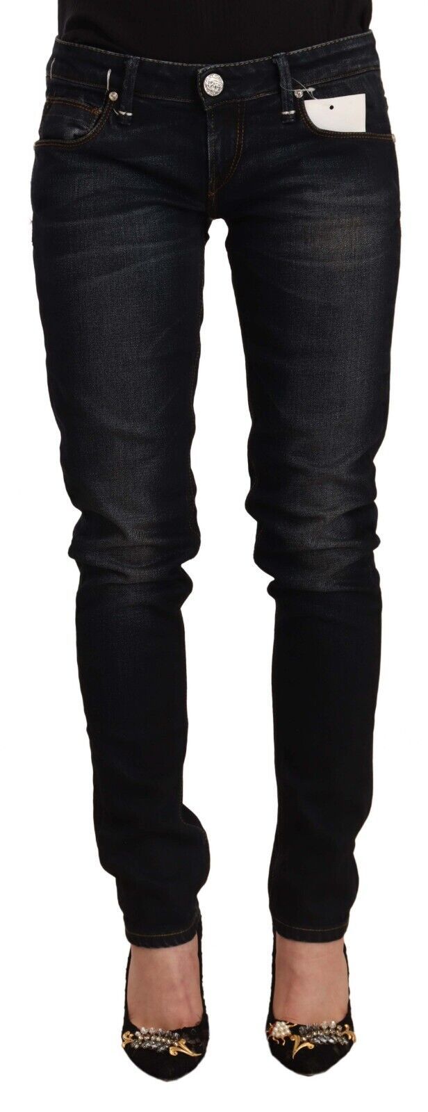 Acht Women's Black Washed Cotton Low Waist Slim Fit Denim Jeans