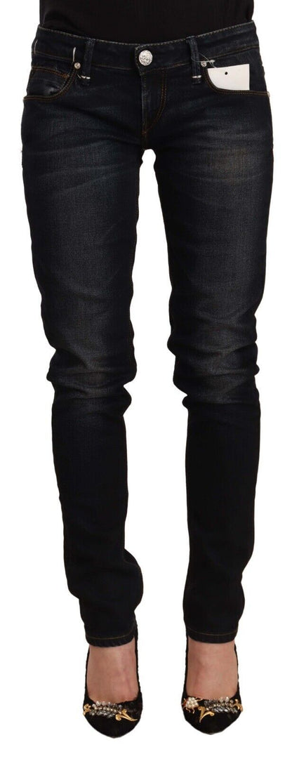 Acht Women's Black Washed Cotton Low Waist Slim Fit Denim Jeans