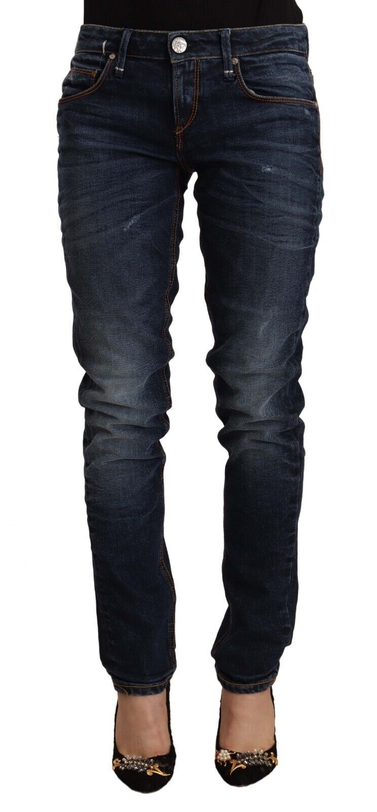 Acht Women's Blue Washed Cotton Mid Waist Skinny Denim Jeans