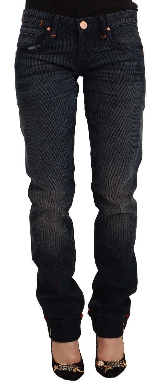Acht Women's Black Washed Cotton Skinny Denim Low Waist Jeans