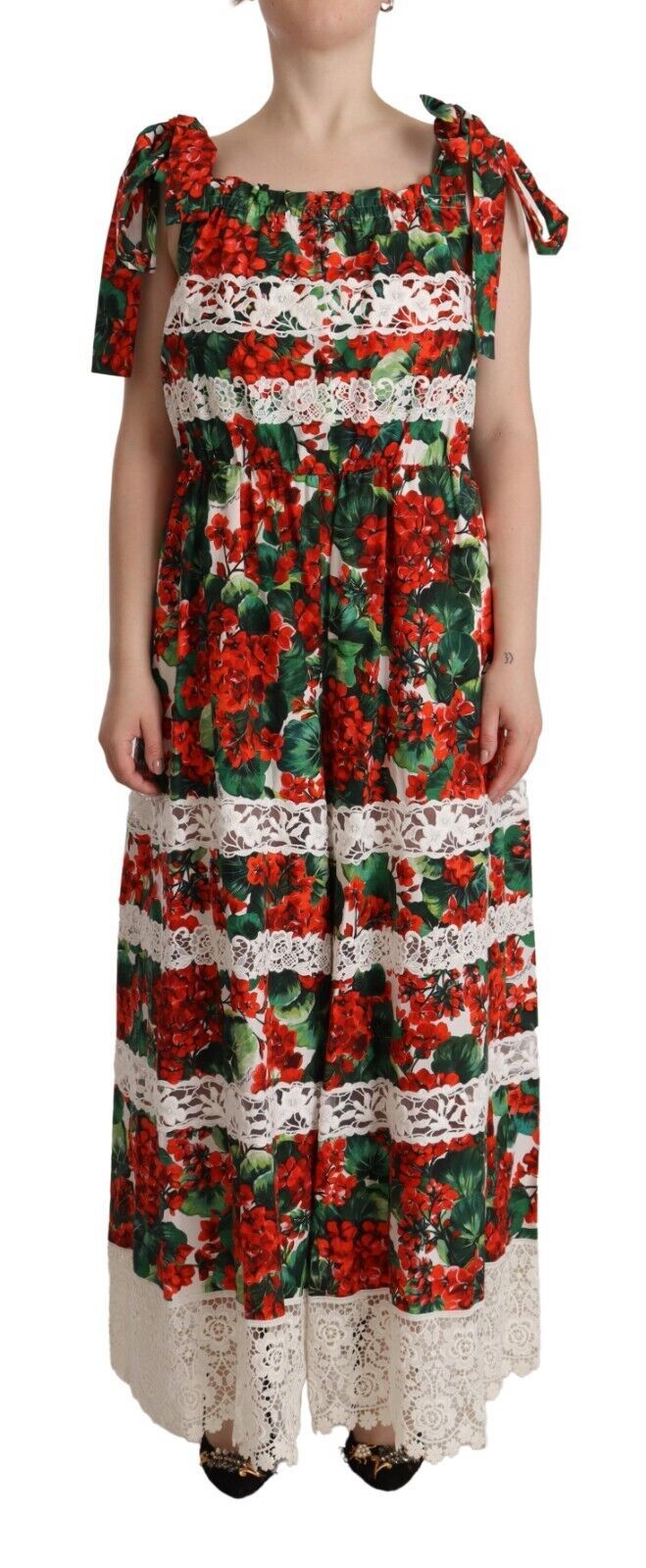 Dolce & Gabbana Multicolour Geranium Print Lace Long Maxi Dress