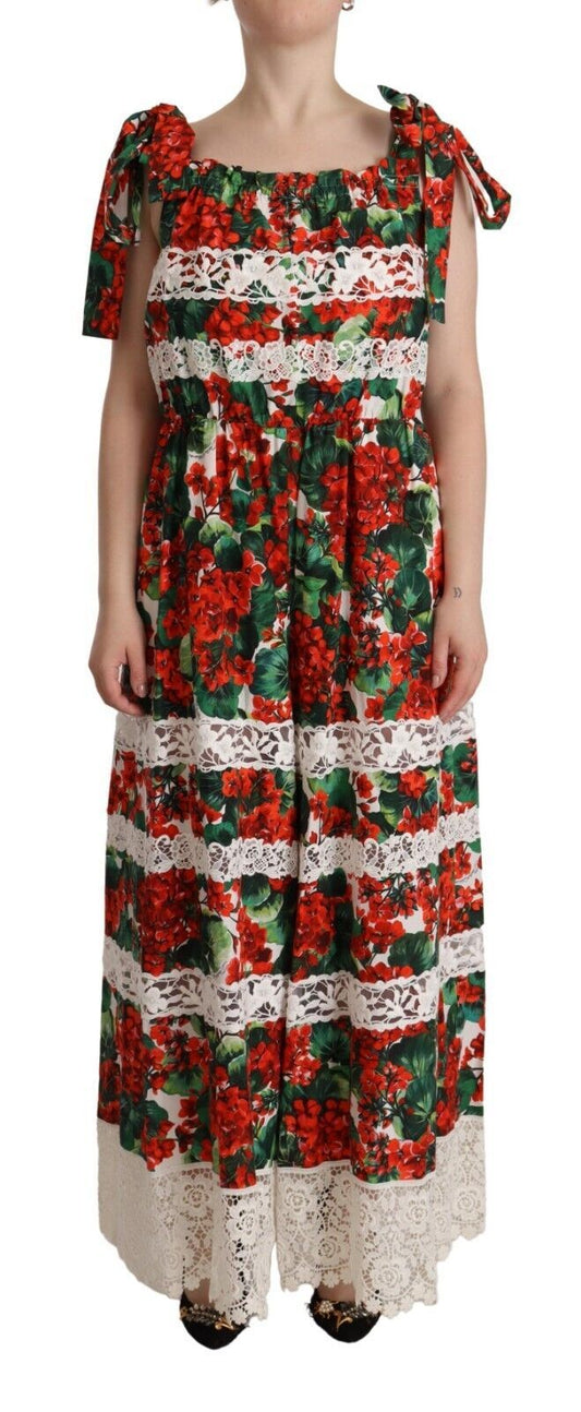 Dolce & Gabbana Multicolour Geranium Print Lace Long Maxi Dress