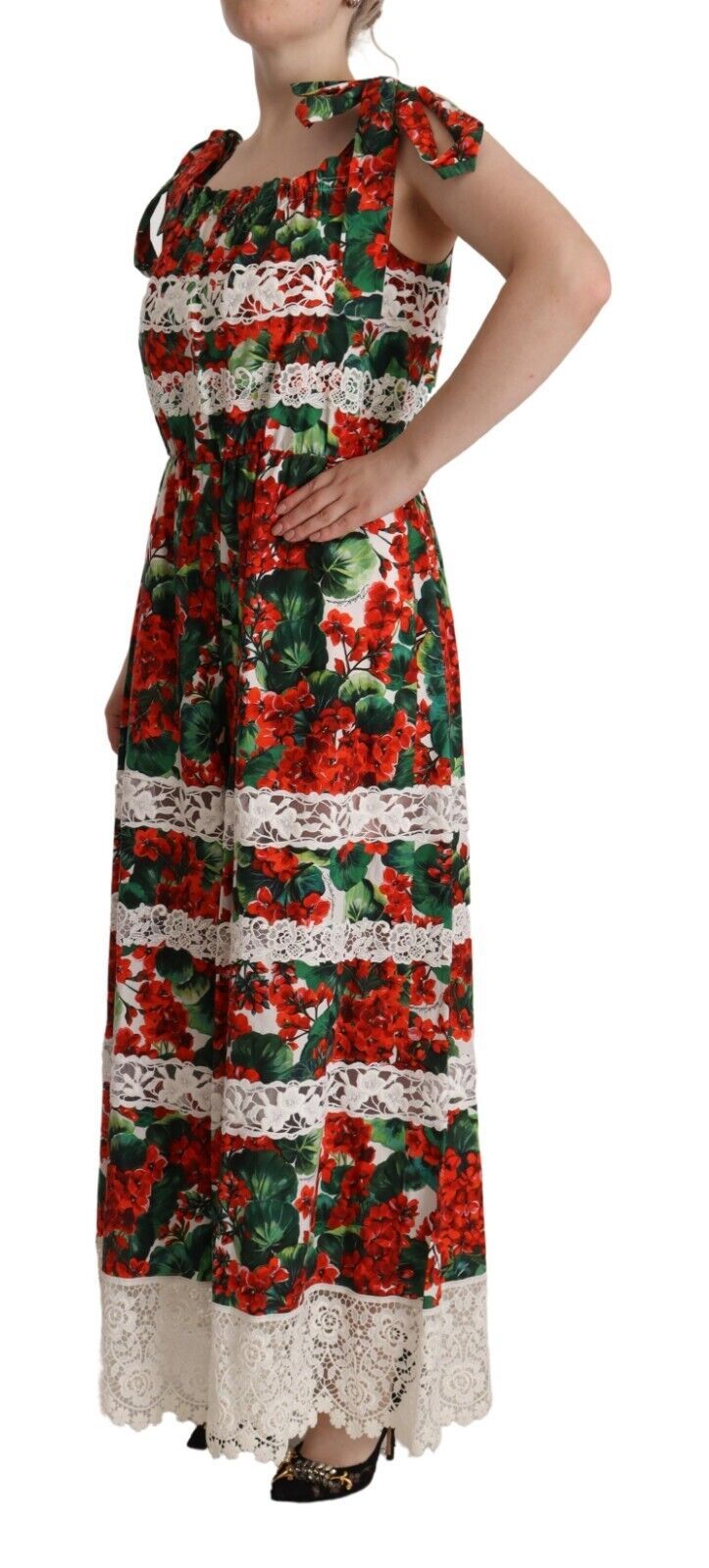 Dolce & Gabbana Multicolour Geranium Print Lace Long Maxi Dress
