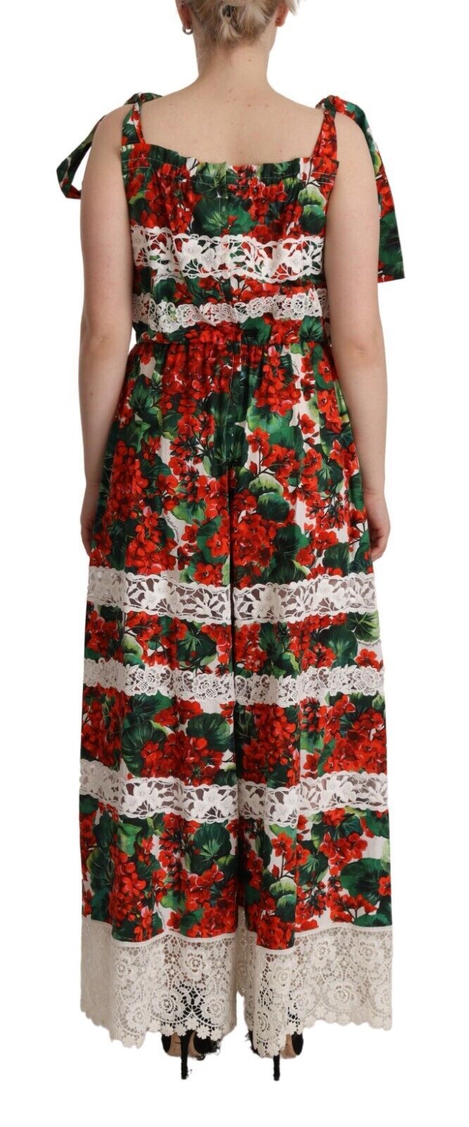Dolce & Gabbana Multicolour Geranium Print Lace Long Maxi Dress