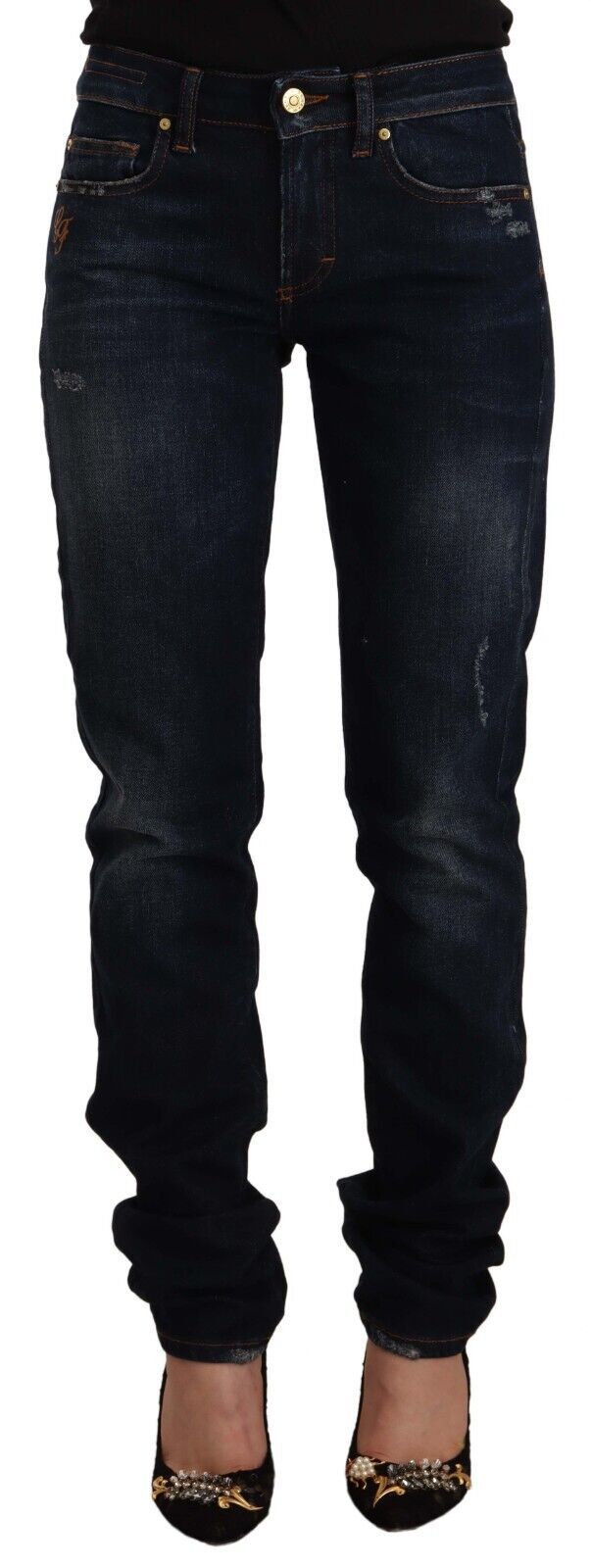 Dark Blue Washed Mid Waist Cotton Denim Skinny Jeans