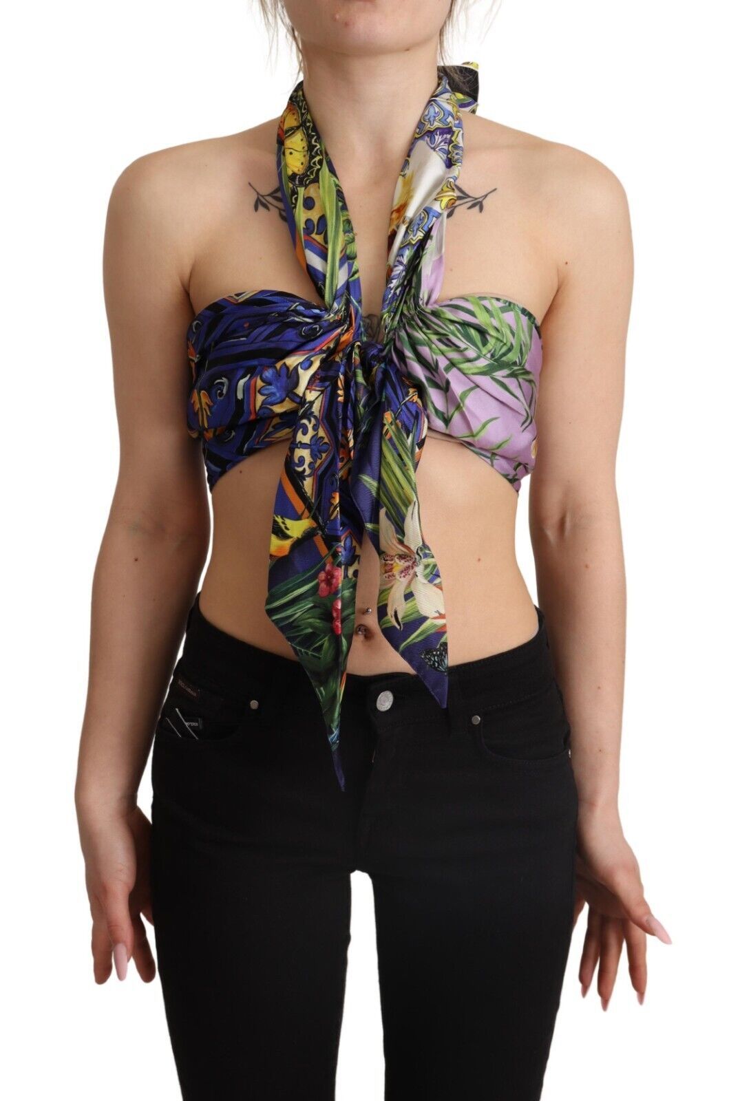 Dolce & Gabbana Multicolour Foulard Silk Halter Cropped Top