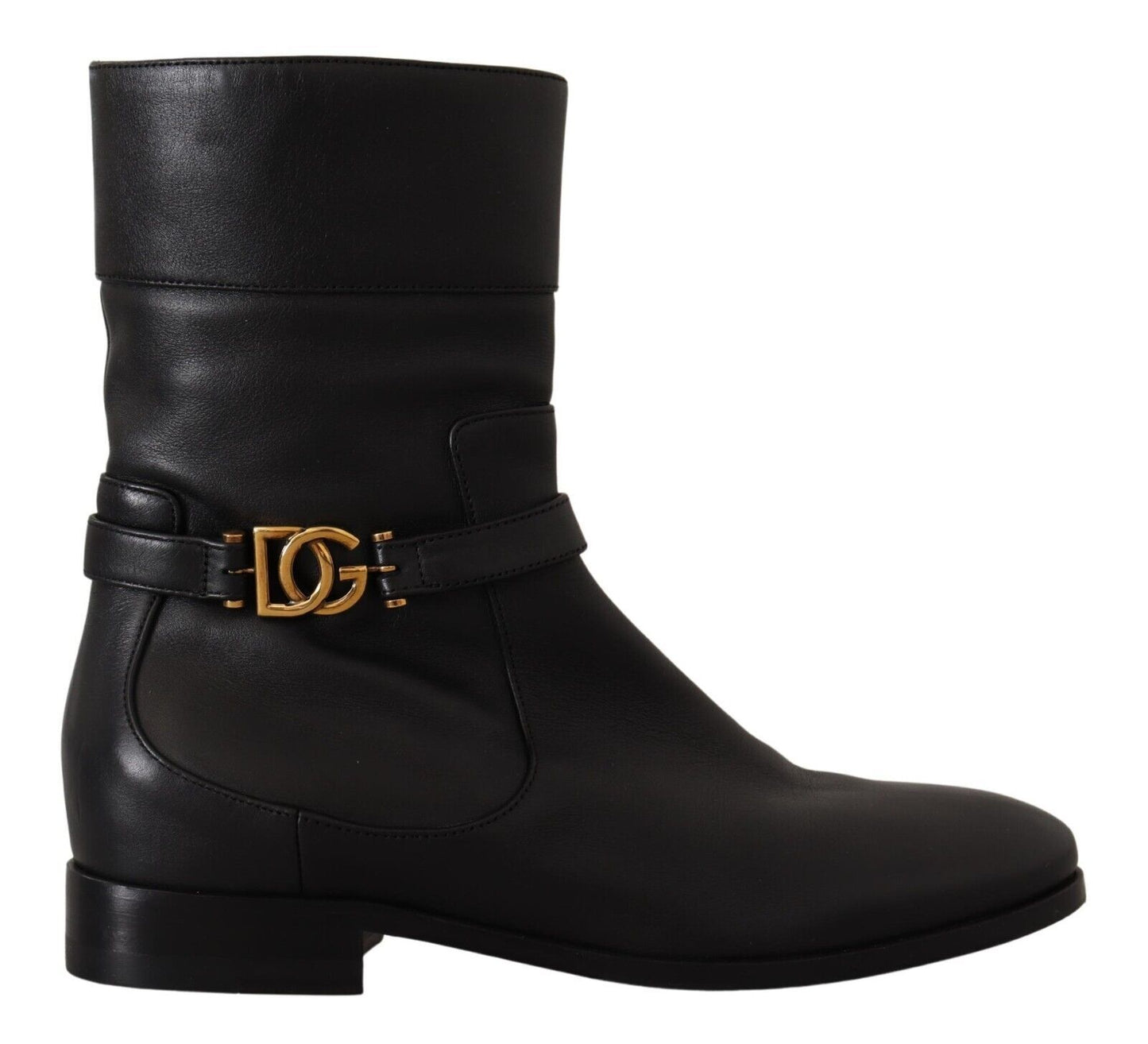 D&G Black Leather Flats Logo Short Boots Shoes