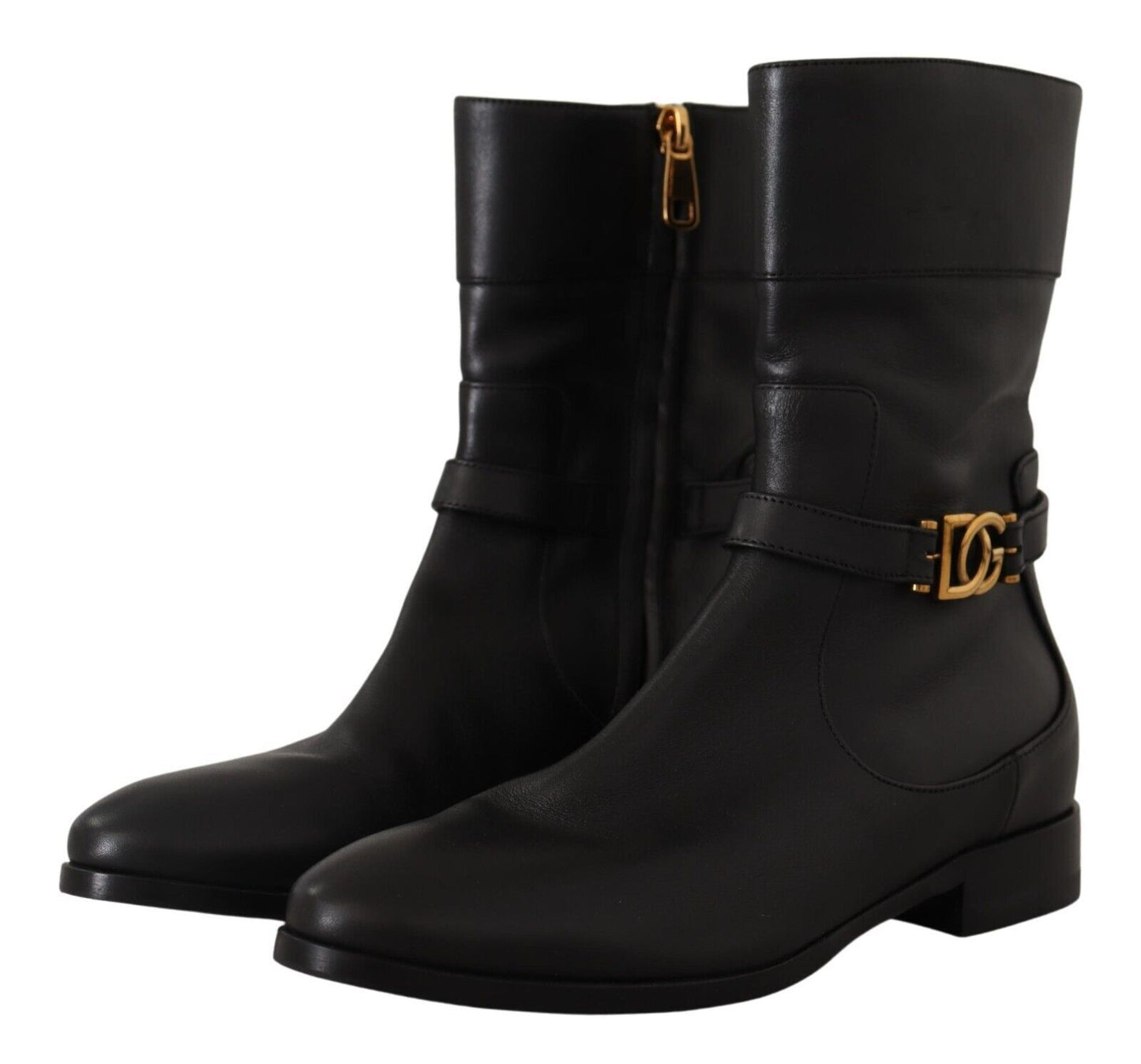D&G Black Leather Flats Logo Short Boots Shoes