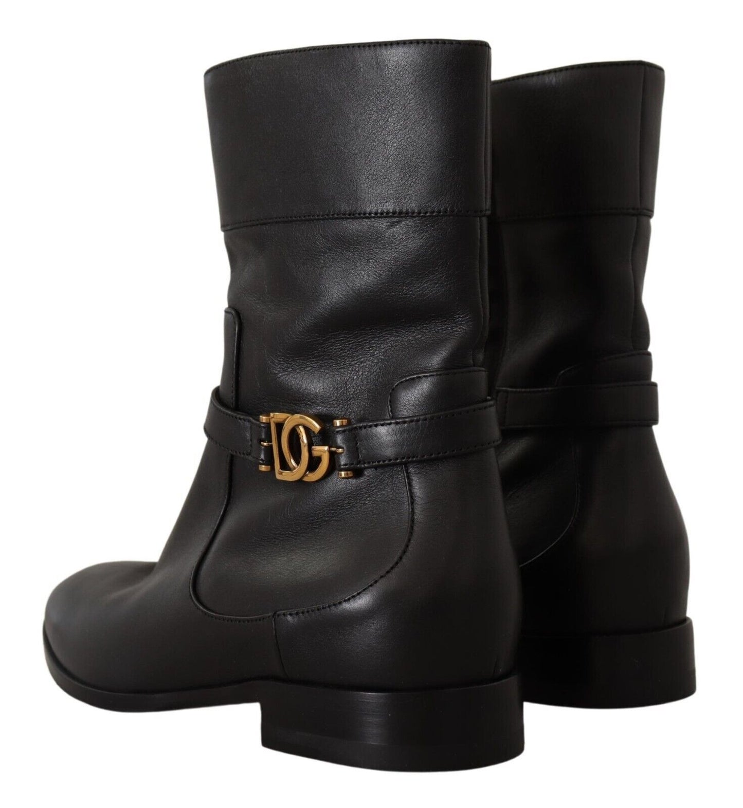 D&G Black Leather Flats Logo Short Boots Shoes