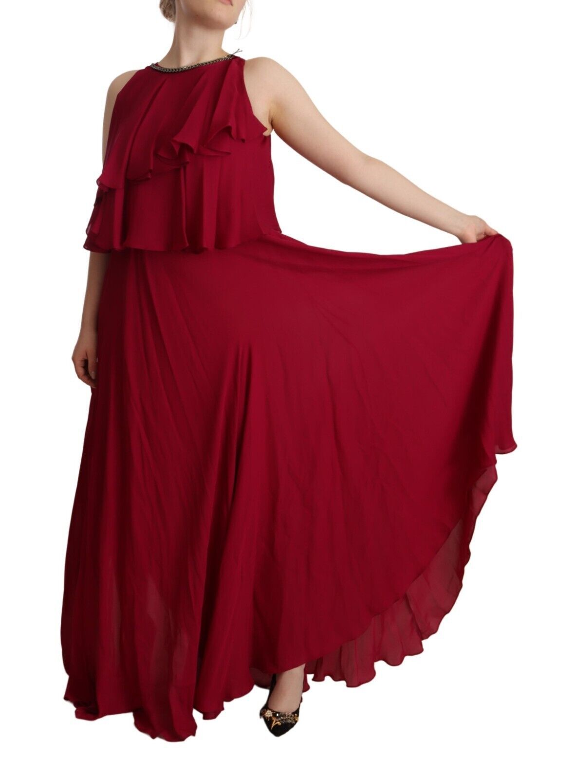 Plein Sud Orchid Silk Sleeveless Long Maxi Ruffle Shift Dress
