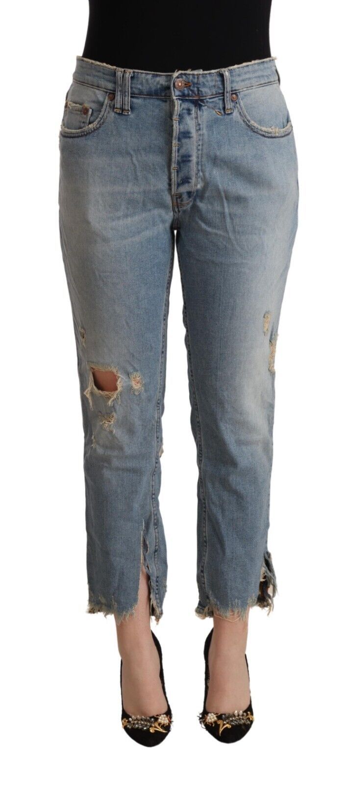 Cycle Women's Light Blue Distressed Mid Waist Cropped Denim Jeans