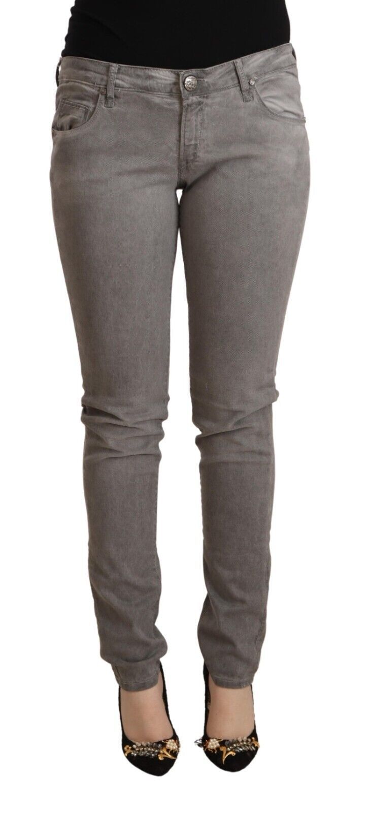 Grey Cotton Low Waist Skinny Push Up Denim Jeans