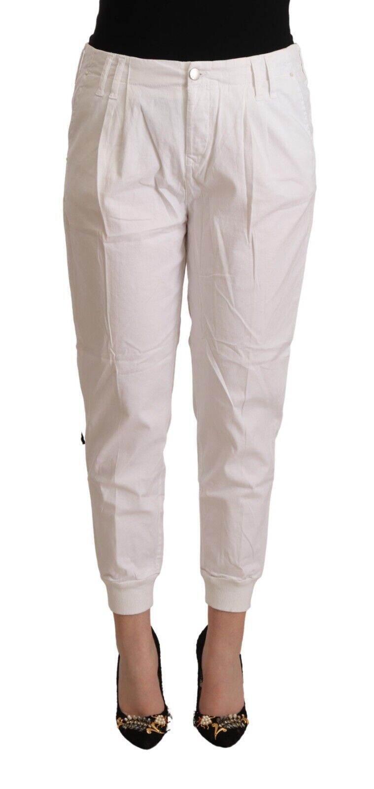 Met Women's White Cotton Mid Waist Tapered Cropped Pants