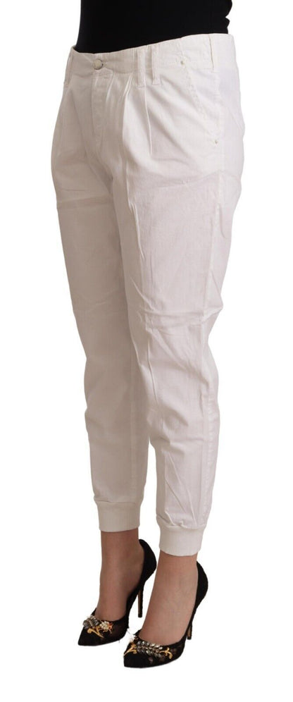 Met Women's White Cotton Mid Waist Tapered Cropped Pants