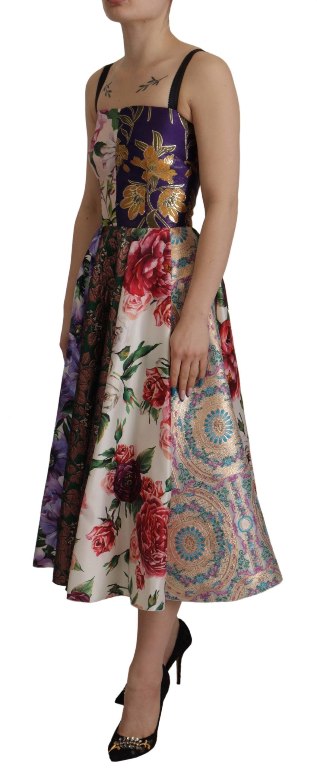 D&G Multicolor Pachwork Print Floral Jaquard Silk Midi  Dress