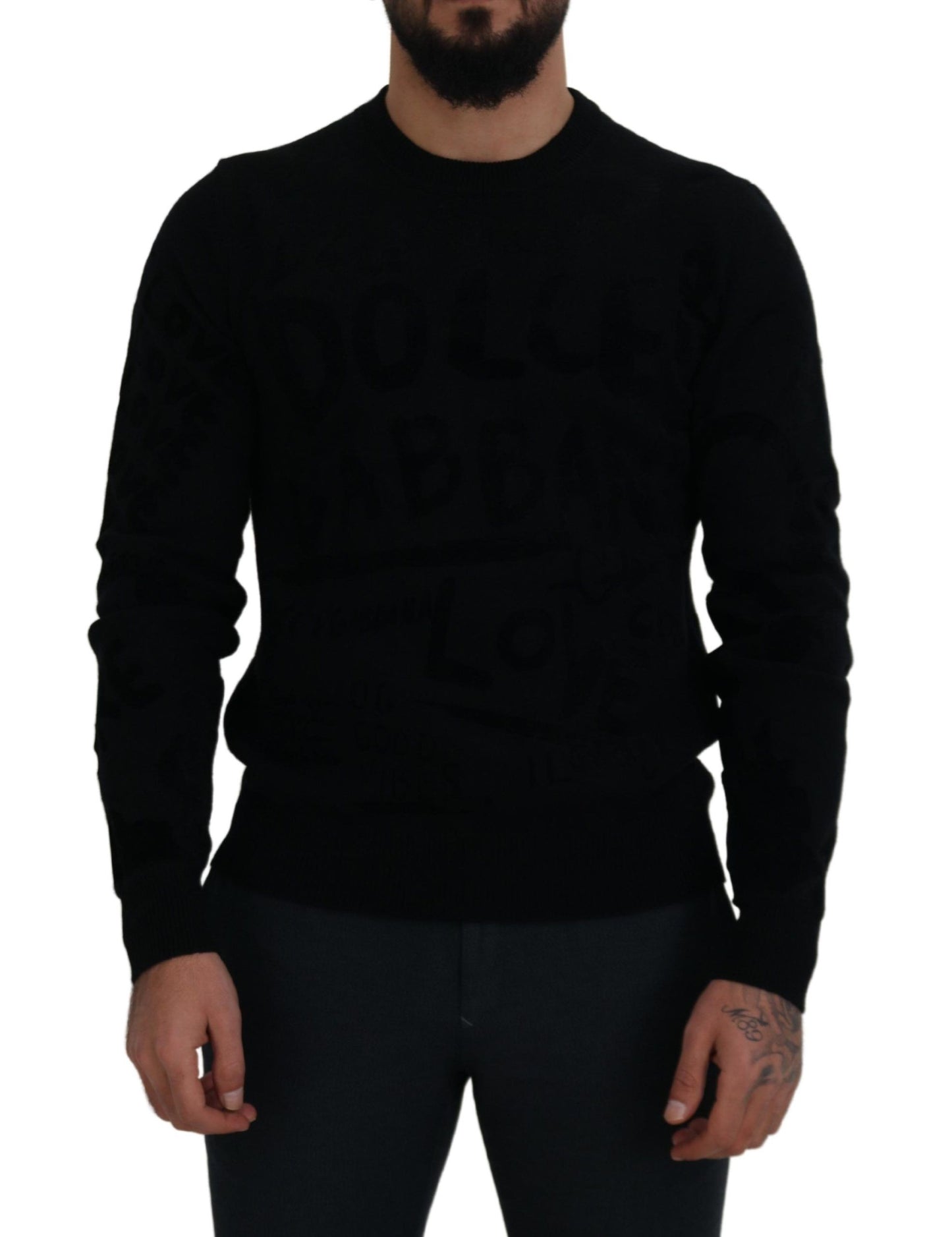 D&G Black Wool Logo Pattern Crewneck Pullover Sweater
