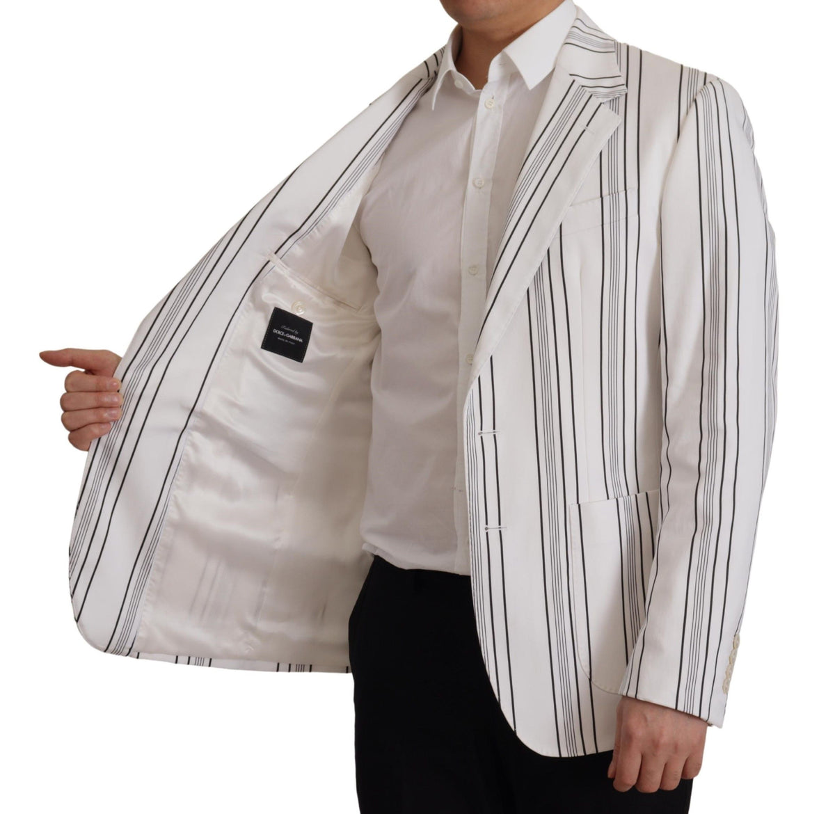 Dolce & Gabbana Men's Single Breasted Stretch Cotton Nylon & Silk Blazer - White Patterned Striped