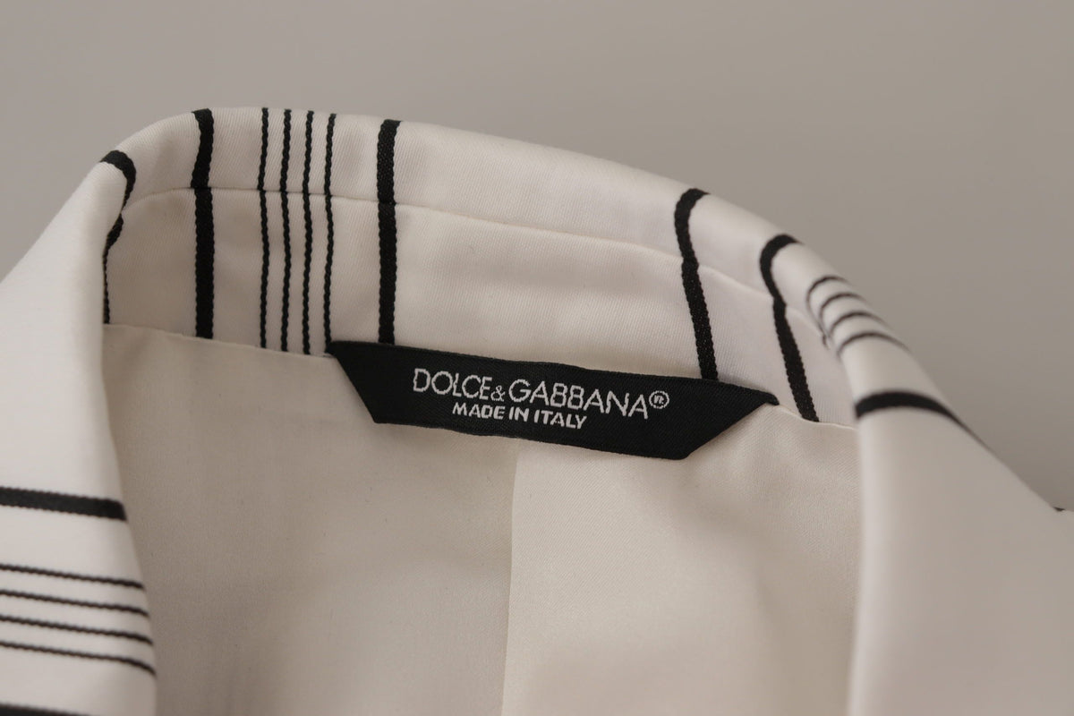 Dolce & Gabbana Men's Single Breasted Stretch Cotton Nylon & Silk Blazer - White Patterned Striped
