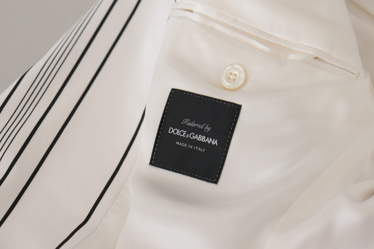 Dolce & Gabbana Men's Single Breasted Stretch Cotton Nylon & Silk Blazer - White Patterned Striped