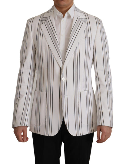 Dolce & Gabbana Men's Single Breasted Stretch Cotton Nylon & Silk Blazer - White Patterned Striped