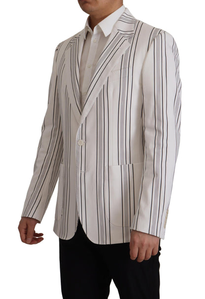 Dolce & Gabbana Men's Single Breasted Stretch Cotton Nylon & Silk Blazer - White Patterned Striped