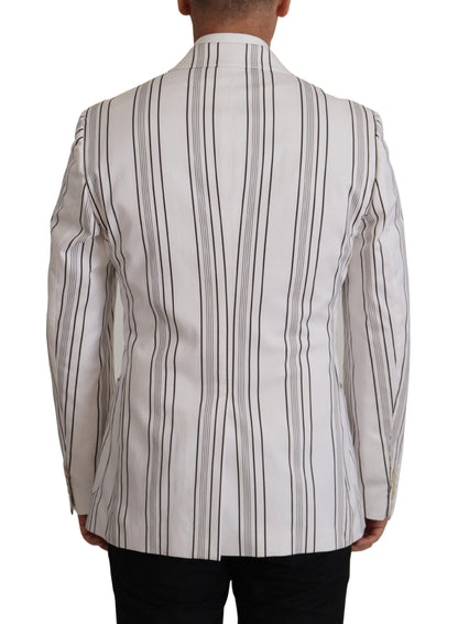 Dolce & Gabbana Men's Single Breasted Stretch Cotton Nylon & Silk Blazer - White Patterned Striped