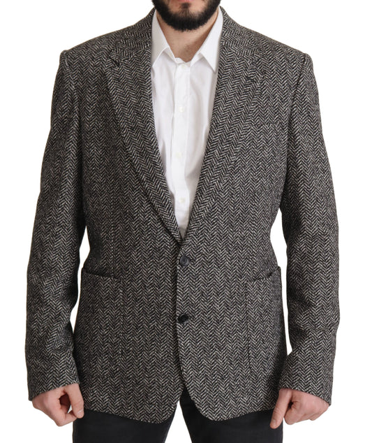 Dolce & Gabbana Fantasy Men's Single Breasted Viscose Polyester Cotton Wool Blazer - Gray Patterned Herringbone