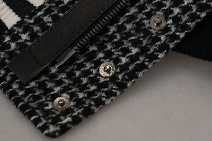 Black Houndstooth Polyester Bomber Jacket
