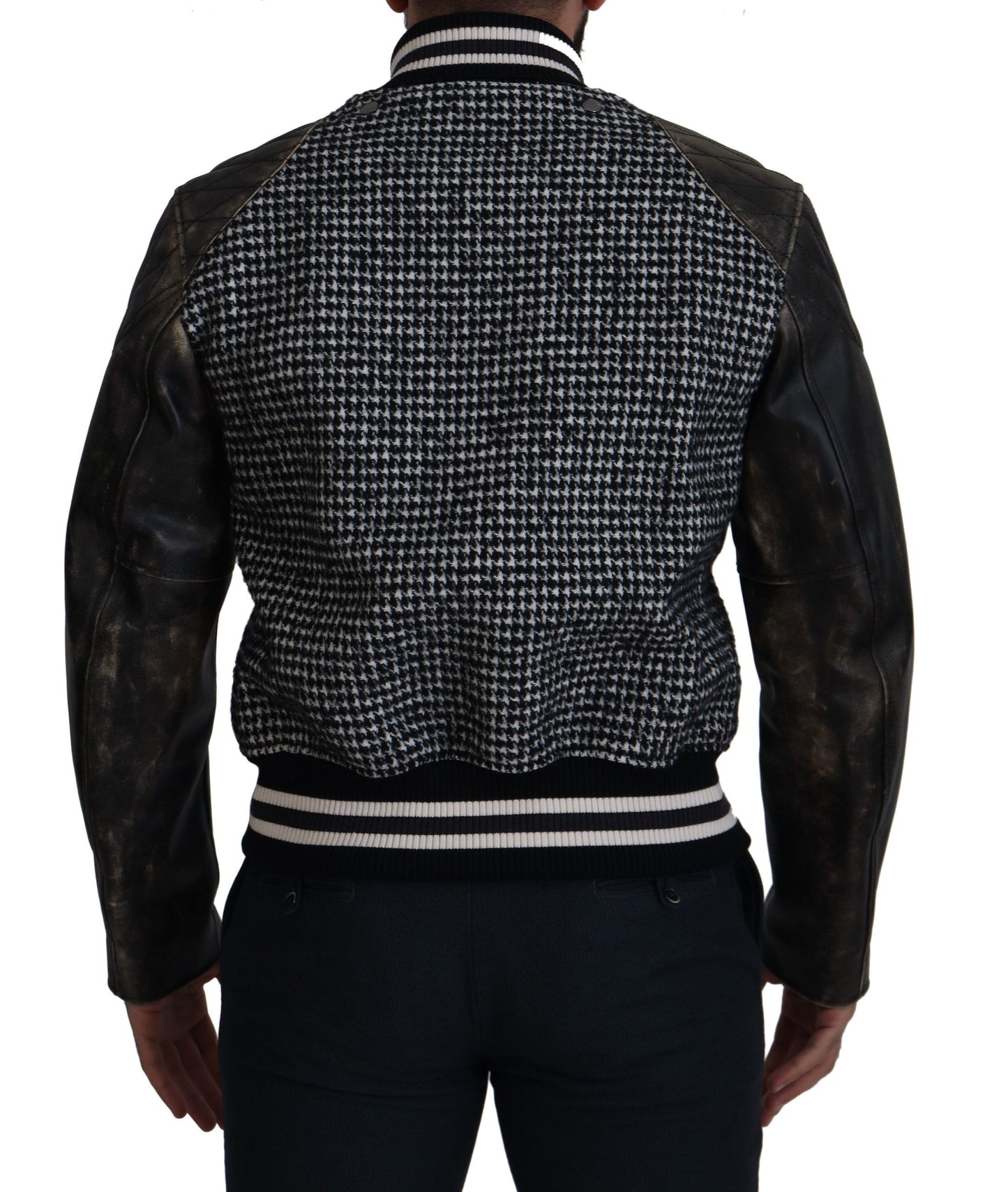 Black Houndstooth Polyester Bomber Jacket