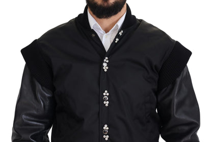 Black Nylon Crystals Coat Buttons Jacket