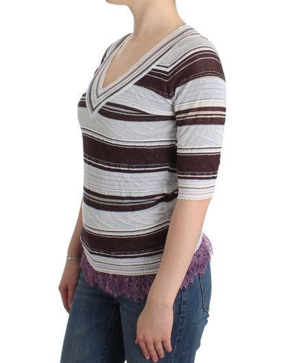 Striped Lace V-Neck Short Sleeve Top Sweater