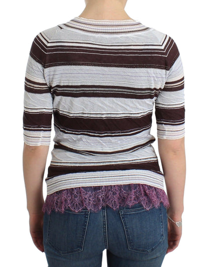 Striped Lace V-Neck Short Sleeve Top Sweater
