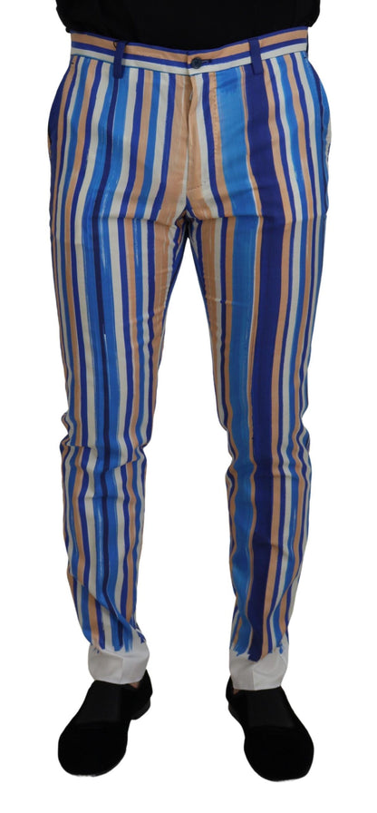 Dolce & Gabbana Men's Blue Striped Silk Cotton Slim Trousers Pants
