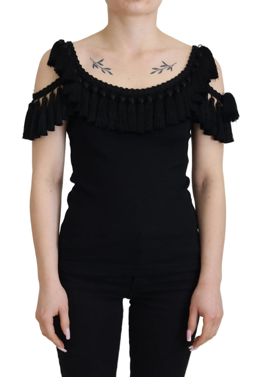 Dolce & Gabbana Black Tank Top Blouse Tassel Cotton Blouse