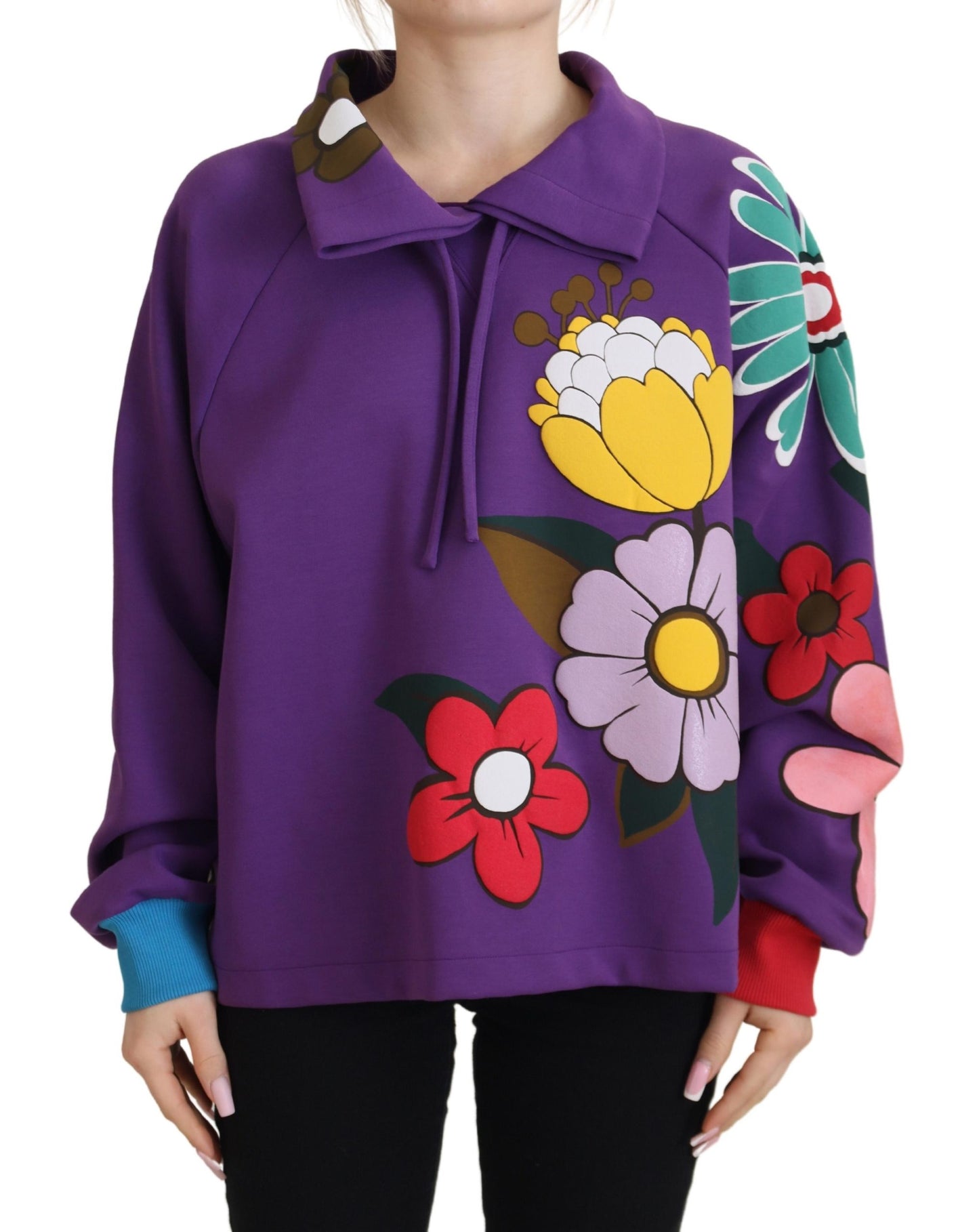 Dolce & Gabbana Purple Floral Print Pullover Cotton Sweater