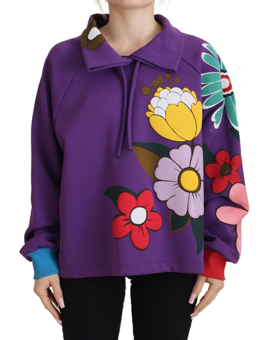 Dolce & Gabbana Purple Floral Print Pullover Cotton Sweater