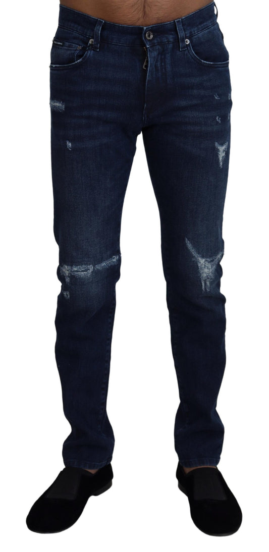Dolce & Gabbana Men's Blue Cotton Skinny Tattered Denim Jeans