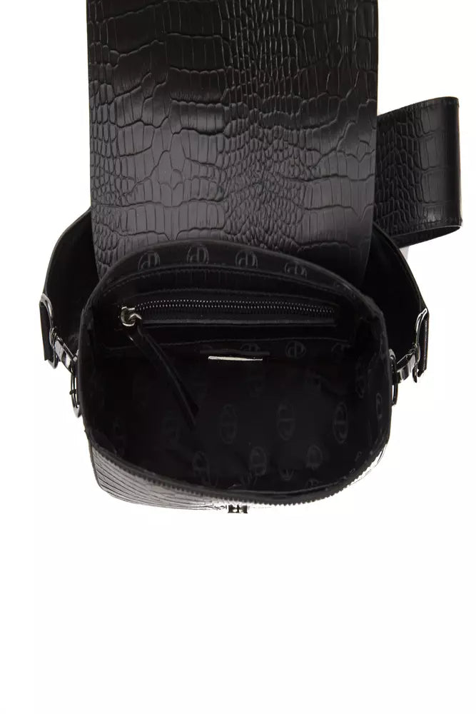 Pompei Donatella Black Crocodile-Print Leather Crossbody Bag